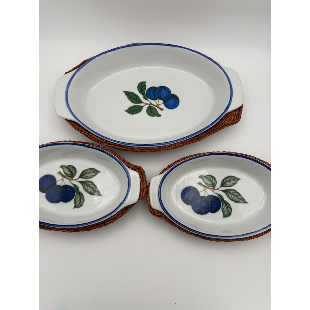 Vintage Ceramic Blue Plum Au Gratin Baking Dish Set with Wicker Baskets 3 Piece